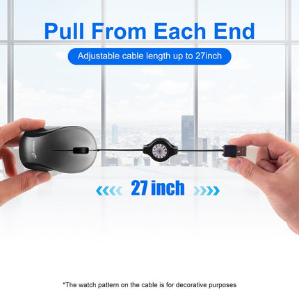 Grey and Black Portable Mini USB Mouse with Retractable Cable - Compact Travel Mouse for PC and Laptop.