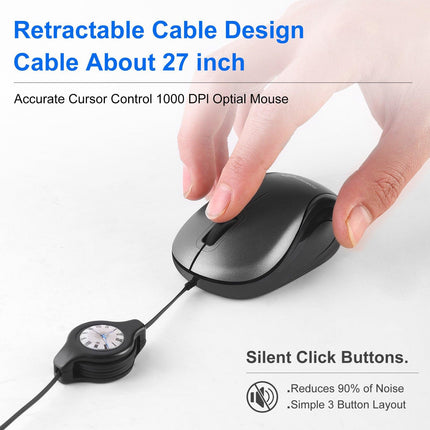 Grey and Black Portable Mini USB Mouse with Retractable Cable - Compact Travel Mouse for PC and Laptop.