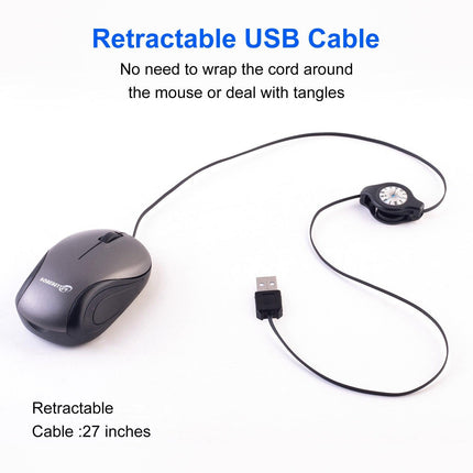 Grey and Black Portable Mini USB Mouse with Retractable Cable - Compact Travel Mouse for PC and Laptop.
