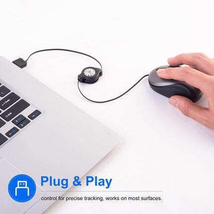 Grey and Black Portable Mini USB Mouse with Retractable Cable - Compact Travel Mouse for PC and Laptop.