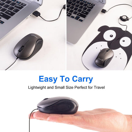 Grey and Black Portable Mini USB Mouse with Retractable Cable - Compact Travel Mouse for PC and Laptop.