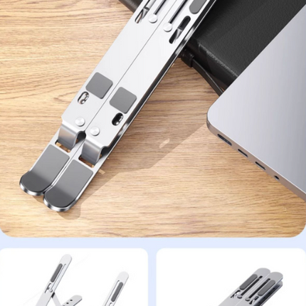 Silver Adjustable Aluminum Laptop Stand with Detachable Cooling Fan - Portable Ergonomic Riser for Desk.