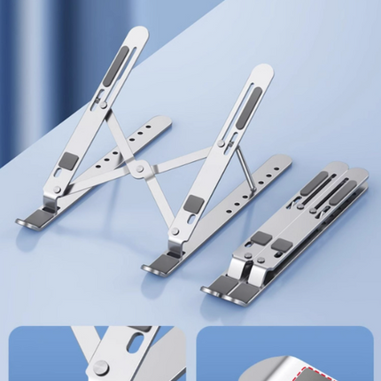 Silver Adjustable Aluminum Laptop Stand with Detachable Cooling Fan - Portable Ergonomic Riser for Desk.