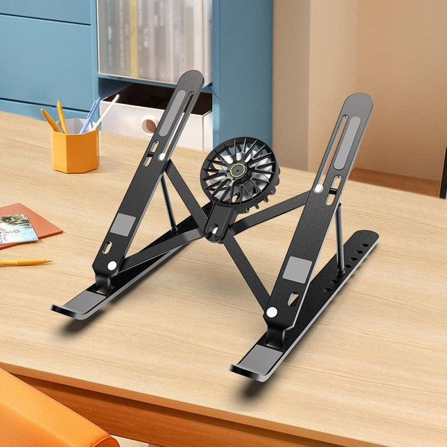 Black Adjustable Aluminum Laptop Stand with Detachable Cooling Fan - Portable Ergonomic Riser for Desk.