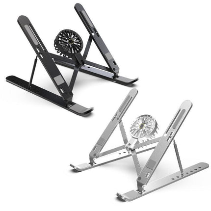 Black Adjustable Aluminum Laptop Stand with Detachable Cooling Fan - Portable Ergonomic Riser for Desk.