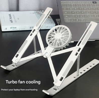 Black Adjustable Aluminum Laptop Stand with Detachable Cooling Fan - Portable Ergonomic Riser for Desk.