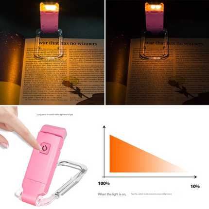 2 Pcs Pink USB Rechargeable Clip-on LED Book Light - 3 Color Modes & Dimmable Brightness for Eye-Caring Reading.