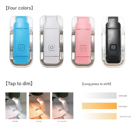 2 Pcs Black USB Rechargeable Clip-on LED Book Light - 3 Color Modes & Dimmable Brightness for Eye-Caring Reading.
