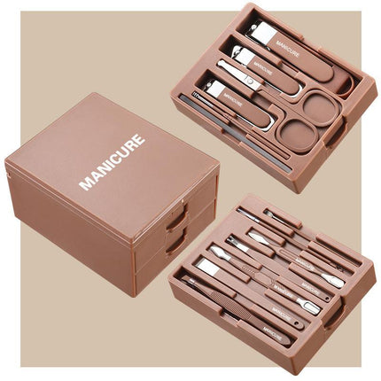 Brown Premium 13-in-1 Manicure & Grooming Kit - Professional Carbon Steel Pedicure Set with Dual-Drawer Case & Mirror.