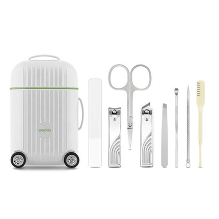 White Mini Suitcase Manicure Set - 8-Piece Portable Grooming & Nail Care Travel Kit.