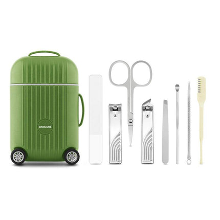 Green Mini Suitcase Manicure Set - 8-Piece Portable Grooming & Nail Care Travel Kit.
