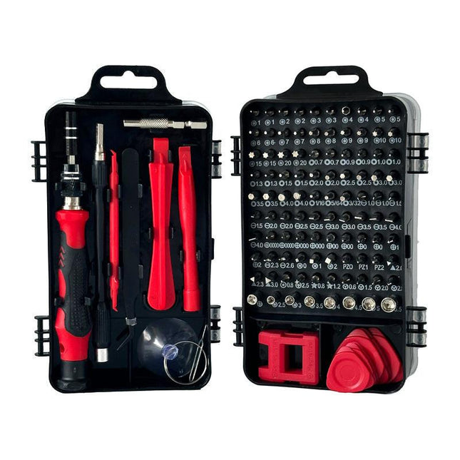 Red and Black Professional 115-in-1 Precision Screwdriver Set - Magnetic Repair Tool Kit for PC, Laptop, Phone & Electronics.