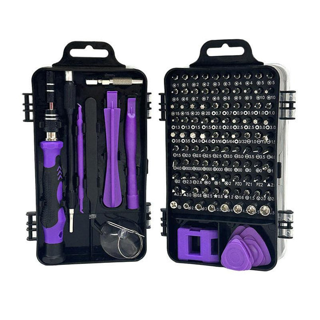 Purple and Black Professional 115-in-1 Precision Screwdriver Set - Magnetic Repair Tool Kit for PC, Laptop, Phone & Electronics.