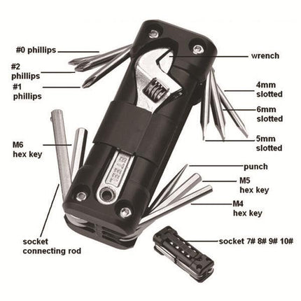 Black Versatile 16-in-1 Bike & Motorcycle Multi-Tool - Portable Repair Kit with Adjustable Wrench.