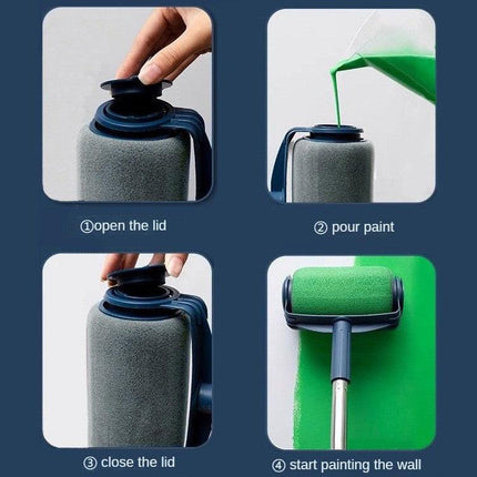 Dark Blue and Grey Pro Refillable Paint Roller Set with Extension Pole - No-Drip Easy Fill Wall Painting Tool Kit.