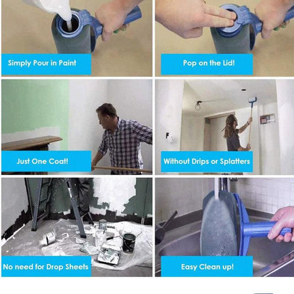 Dark Blue and Grey Pro Refillable Paint Roller Set with Extension Pole - No-Drip Easy Fill Wall Painting Tool Kit.