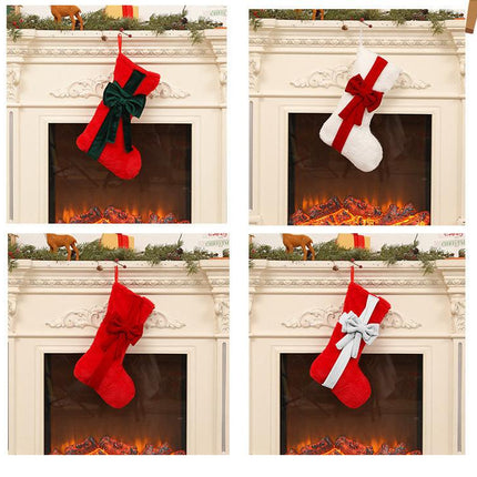 2 Pcs Red Stitching White Bow Luxurious Velvet Christmas Stocking with Elegant Bow - Large 45cm Holiday Mantel Decoration.