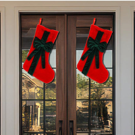 2 Pcs Red Stitching White Bow Luxurious Velvet Christmas Stocking with Elegant Bow - Large 45cm Holiday Mantel Decoration.