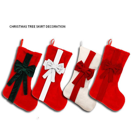2 Pcs Red Stitching White Bow Luxurious Velvet Christmas Stocking with Elegant Bow - Large 45cm Holiday Mantel Decoration.