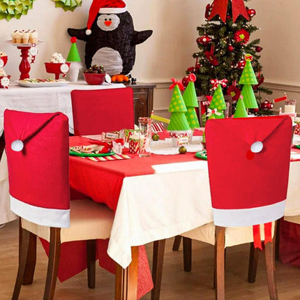 Red Festive Santa Hat Dining Chair Covers - Set of 8 for Holiday Party Decoration.