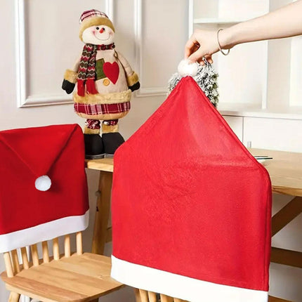Red Festive Santa Hat Dining Chair Covers - Set of 8 for Holiday Party Decoration.