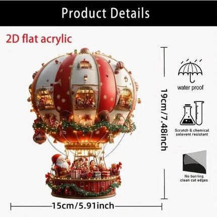 Red Whimsical Santa's Hot Air Balloon Ornament - 2D Flat Acrylic Hanging Decoration for Wall & Tree.