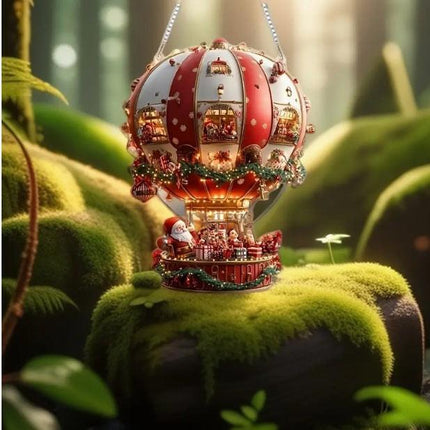 Red Whimsical Santa's Hot Air Balloon Ornament - 2D Flat Acrylic Hanging Decoration for Wall & Tree.