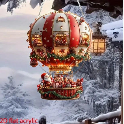 Red Whimsical Santa's Hot Air Balloon Ornament - 2D Flat Acrylic Hanging Decoration for Wall & Tree.