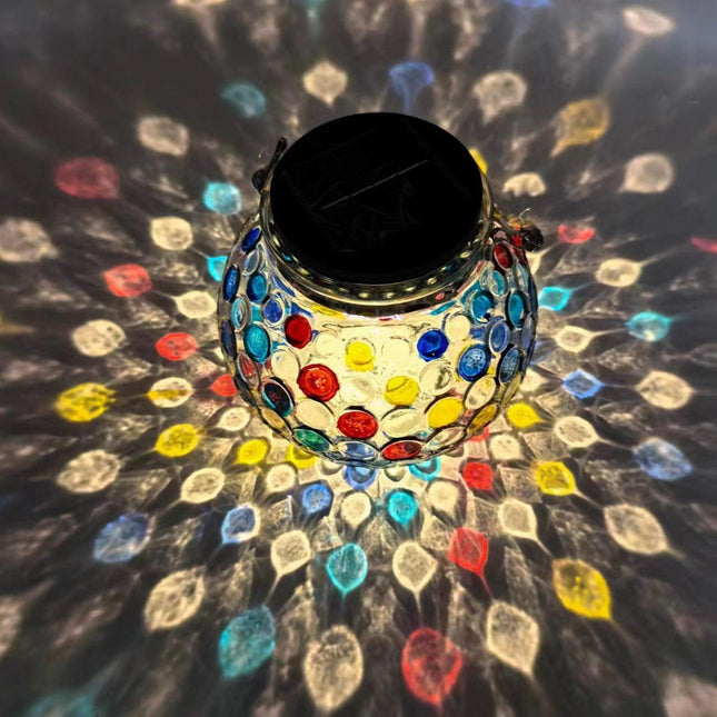 Colorful Warm Light Mosaic Solar Lantern - Decorative Stained Glass Jar Light for Garden Patio and Tabletop Decor.