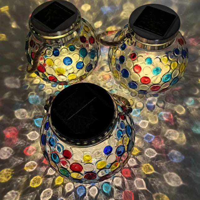 Colorful Warm Light Mosaic Solar Lantern - Decorative Stained Glass Jar Light for Garden Patio and Tabletop Decor.