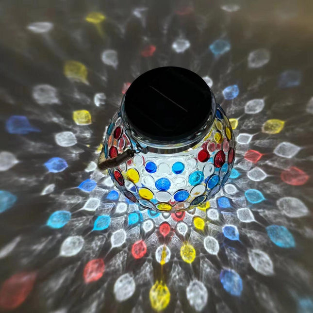 Colorful White Light Mosaic Solar Lantern - Decorative Stained Glass Jar Light for Garden Patio and Tabletop Decor.