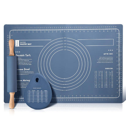Dark Blue 3-Piece Silicone Baking Set - Non-Stick Pastry Mat with Measurements, Rolling Pin & Dough Scraper.