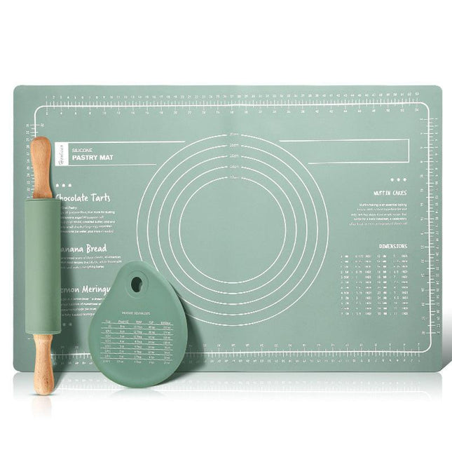 Green 3-Piece Silicone Baking Set - Non-Stick Pastry Mat with Measurements, Rolling Pin & Dough Scraper.