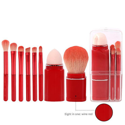 Wine Red Compact 8-in-1 Makeup Brush Set - Portable Travel Kit with Retractable Brushes and Case.