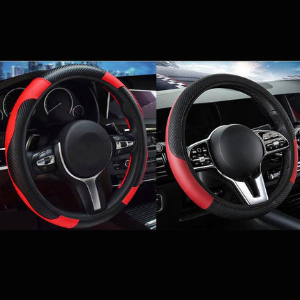 2-Pack (Type A + Type B) Red And Black Sporty Carbon Fiber Leather Steering Wheel Cover - Universal 38cm Easy-Fit Elastic Grip.