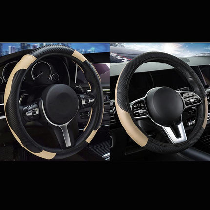 2-Pack (Type A + Type B) Beige And Black Sporty Carbon Fiber Leather Steering Wheel Cover - Universal 38cm Easy-Fit Elastic Grip.