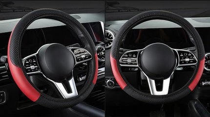 2-Pack (Type A + Type B) Beige And Black Sporty Carbon Fiber Leather Steering Wheel Cover - Universal 38cm Easy-Fit Elastic Grip.