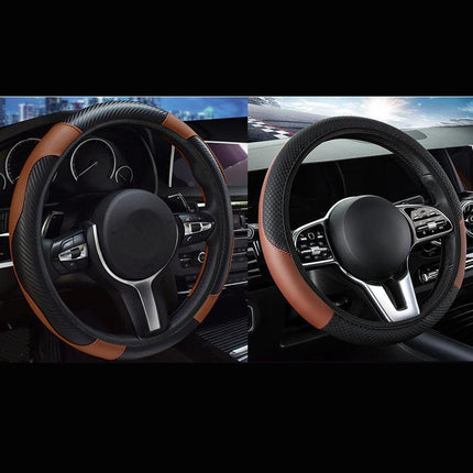 2-Pack (Type A + Type B) Brown And Black Sporty Carbon Fiber Leather Steering Wheel Cover - Universal 38cm Easy-Fit Elastic Grip.