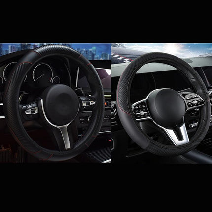 2-Pack (Type A + Type B)Black Sporty Carbon Fiber Leather Steering Wheel Cover - Universal 38cm Easy-Fit Elastic Grip.