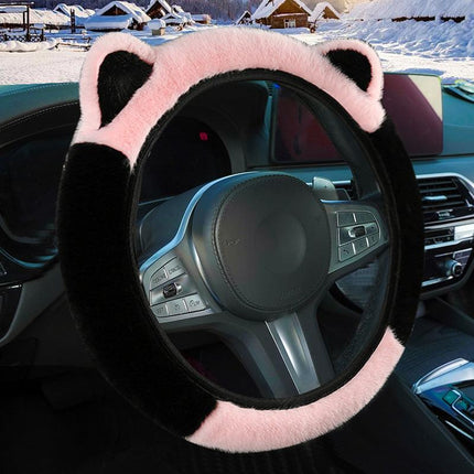 Pink Stitching Black Plush Cat Ear Steering Wheel Cover - Cute & Fuzzy Winter Grip, Universal 38cm Fit.