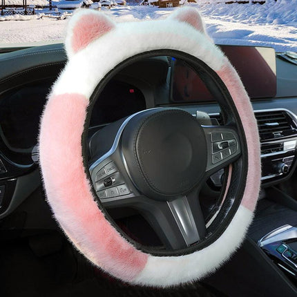 Pink Stitching White Plush Cat Ear Steering Wheel Cover - Cute & Fuzzy Winter Grip, Universal 38cm Fit.