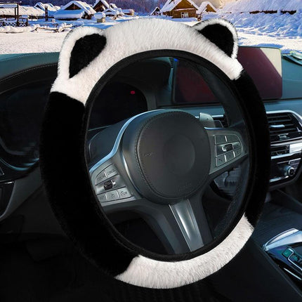 Black Stitching White Plush Cat Ear Steering Wheel Cover - Cute & Fuzzy Winter Grip, Universal 38cm Fit.