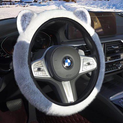 Blue Stitching White Plush Cat Ear Steering Wheel Cover - Cute & Fuzzy Winter Grip, Universal 38cm Fit.