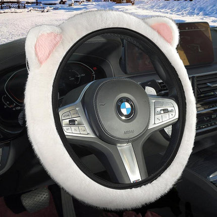 White Plush Cat Ear Steering Wheel Cover - Cute & Fuzzy Winter Grip, Universal 38cm Fit.