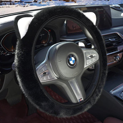 Black Plush Cat Ear Steering Wheel Cover - Cute & Fuzzy Winter Grip, Universal 38cm Fit.