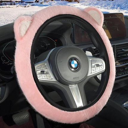 Pink Plush Cat Ear Steering Wheel Cover - Cute & Fuzzy Winter Grip, Universal 38cm Fit.