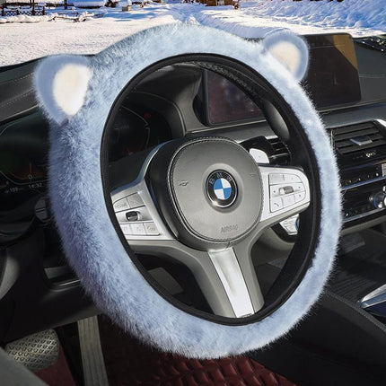 Blue Plush Cat Ear Steering Wheel Cover - Cute & Fuzzy Winter Grip, Universal 38cm Fit.