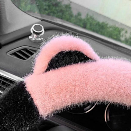 Blue Plush Cat Ear Steering Wheel Cover - Cute & Fuzzy Winter Grip, Universal 38cm Fit.
