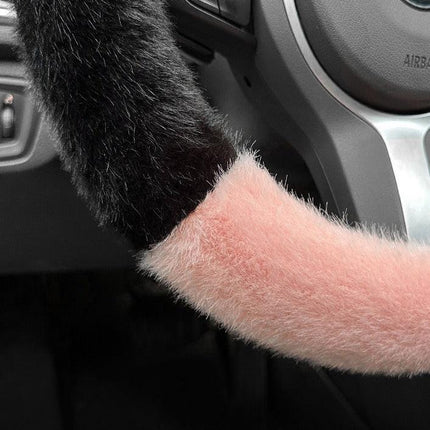 Blue Plush Cat Ear Steering Wheel Cover - Cute & Fuzzy Winter Grip, Universal 38cm Fit.