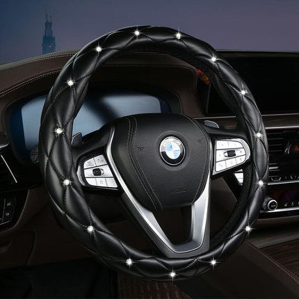 Black Luxury Bling Steering Wheel Cover - Black Quilted Leather with Crystal Rhinestones, Universal 38cm Fit.